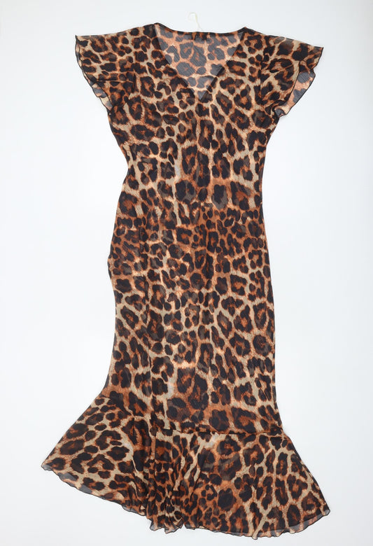 Brown Leopard Print Midi Dress, Size 12 Long, Polyester
