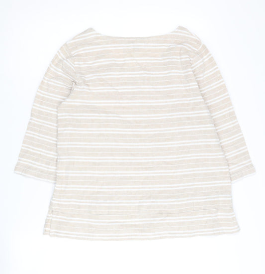 Cotton Traders Women's Beige Striped 3/4 Sleeve Top