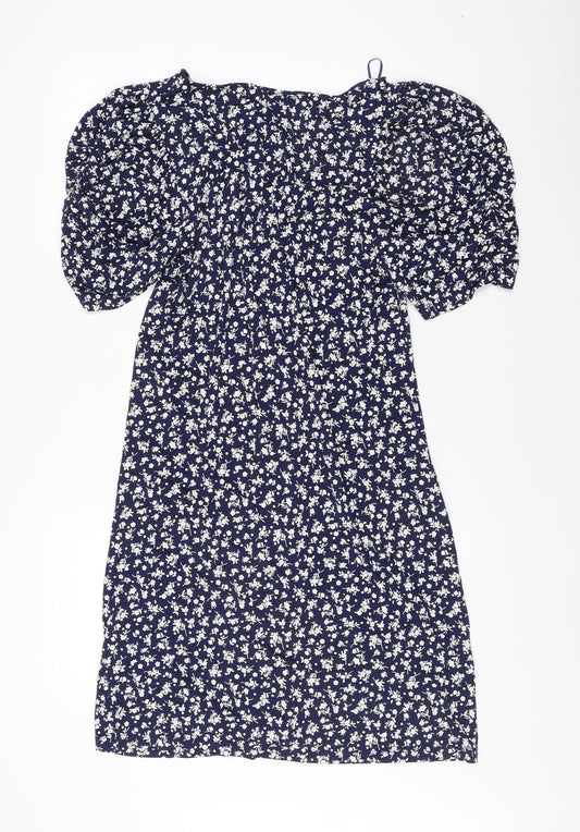 Next Women's Blue Floral A-Line Puff Sleeve Dress