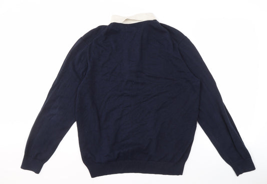 Marks and Spencer Men's Blue Striped Collared Jumper L