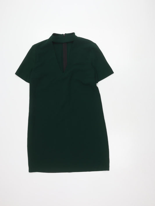 Additional front view of Zara Woman Green Sheath Dress, S, Short Sleeve, V-Neck