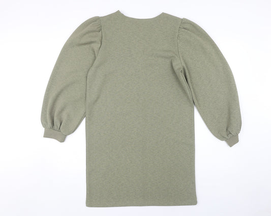 Zara Green V-Neck Balloon Sleeve Dress, Size S