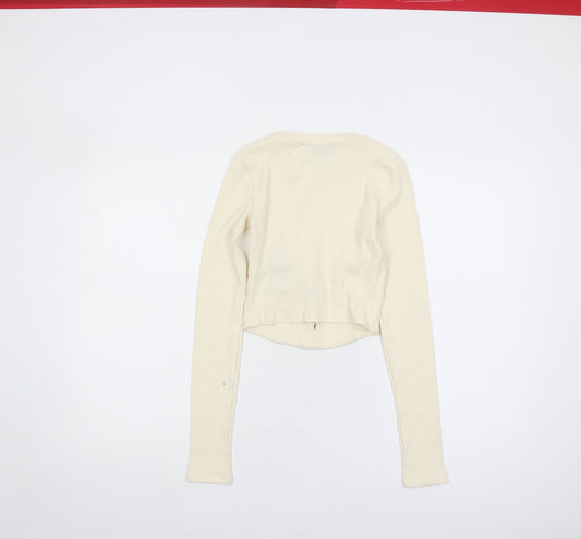 Bershka Women's Ivory Cropped Slim Knit Top, XS