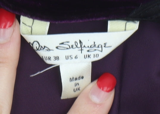Brand and care label for Miss Selfridge Women’s Purple Bodycon Dress, size UK 10
