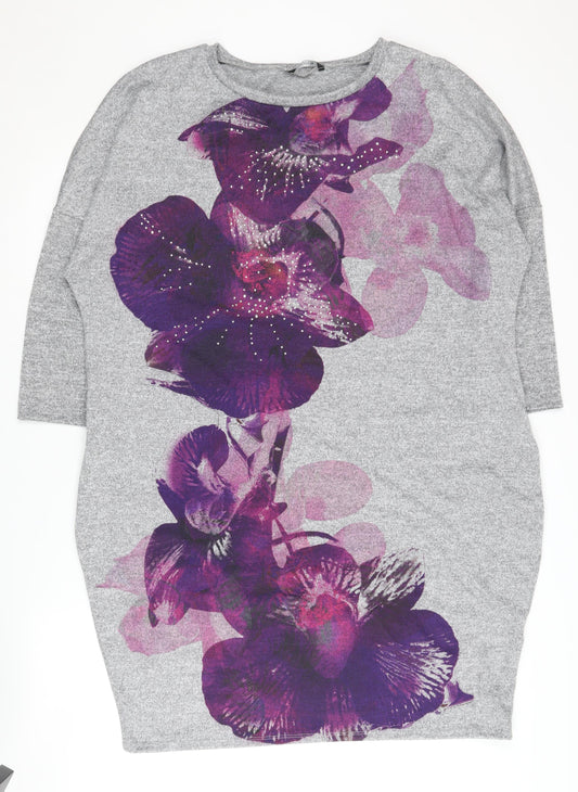 Additional front view of Roman Women Grey Floral Crew Neck Dress, size 18