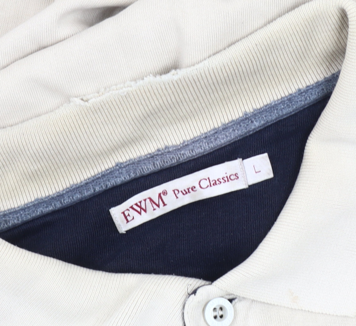 EWM Men's Beige Cotton Long Sleeve Polo - Size L