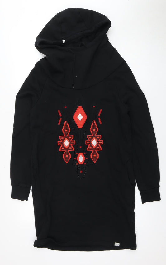 Additional front view of Billabong Black Hooded Dress M - Geometric Embroidery
