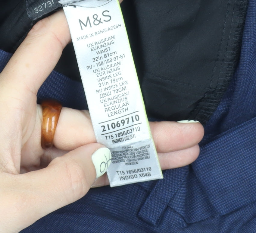 Marks and Spencer Men's Blue Regular Trousers 32