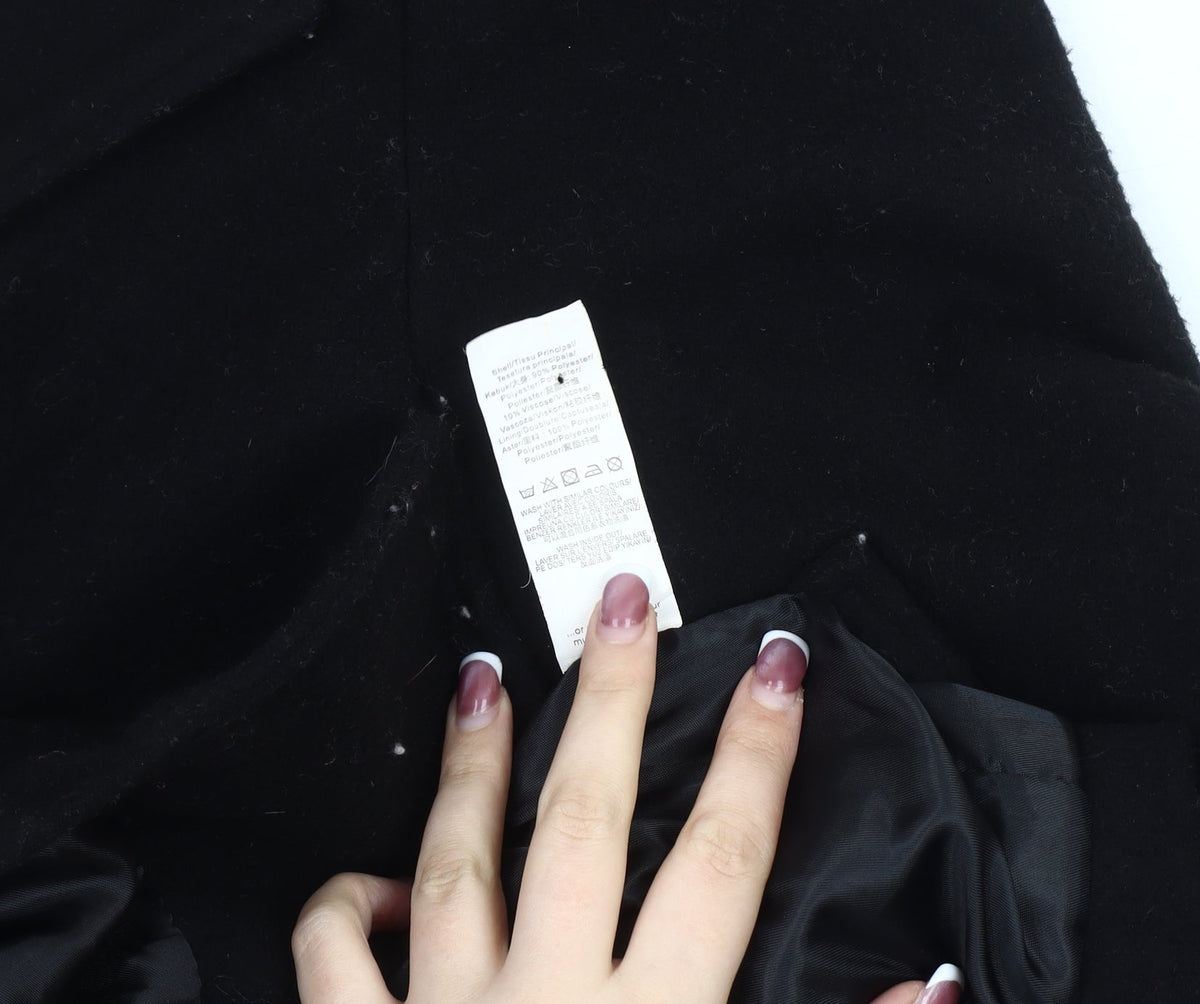 Brand and care label for Missguided Women's Black Wool Overcoat, size M, Classic Style