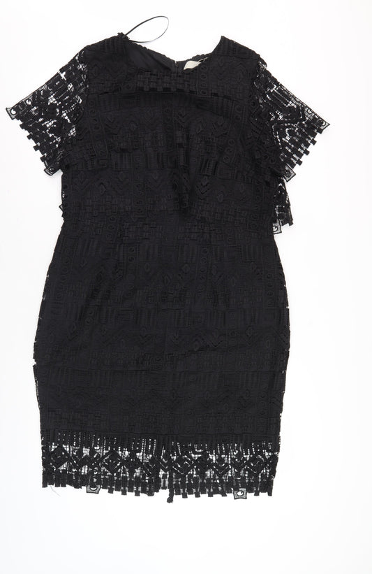 Fenn Wright Manson Women's Black Fringe Lace Dress Zip Closure