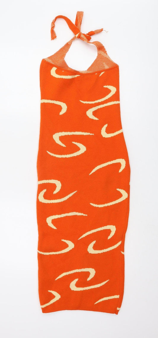 PrettyLittleThing Orange Halter Knitted Dress - Small
