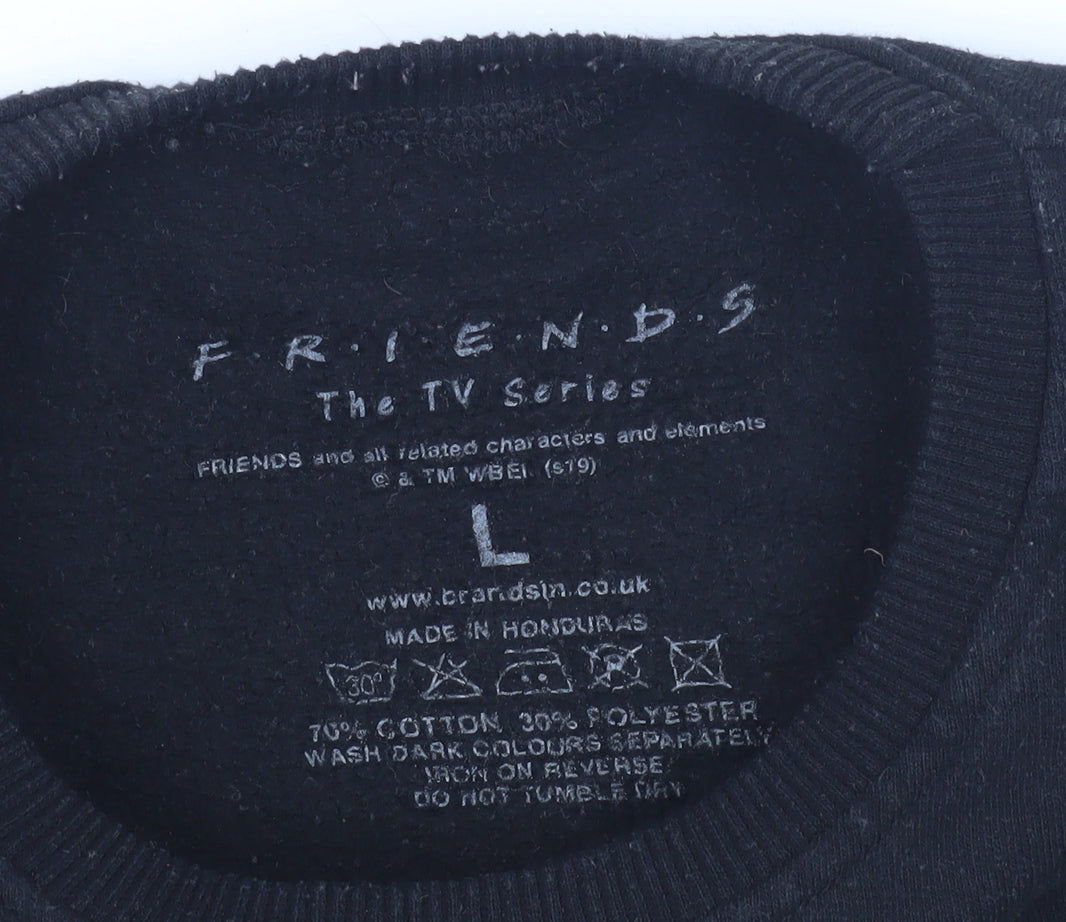 Close-up detail of FRIENDS Black unisex l pullover sweatshirt