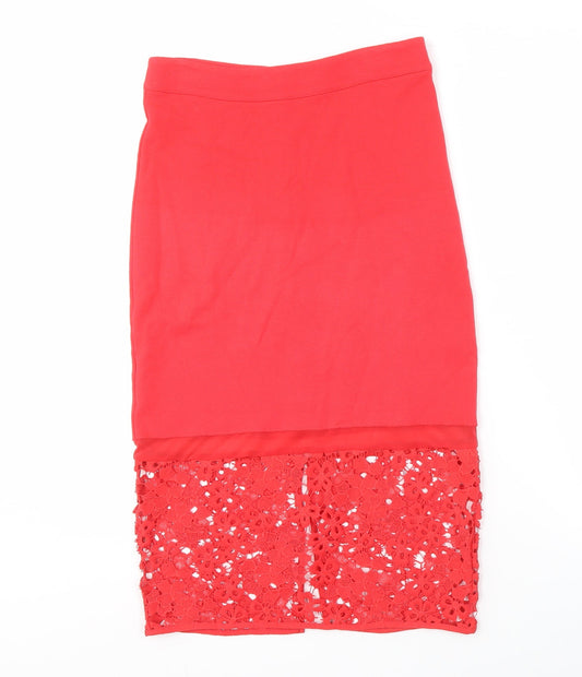 Additional front view of French Connection Women's Red Lace Pencil Skirt, size 8