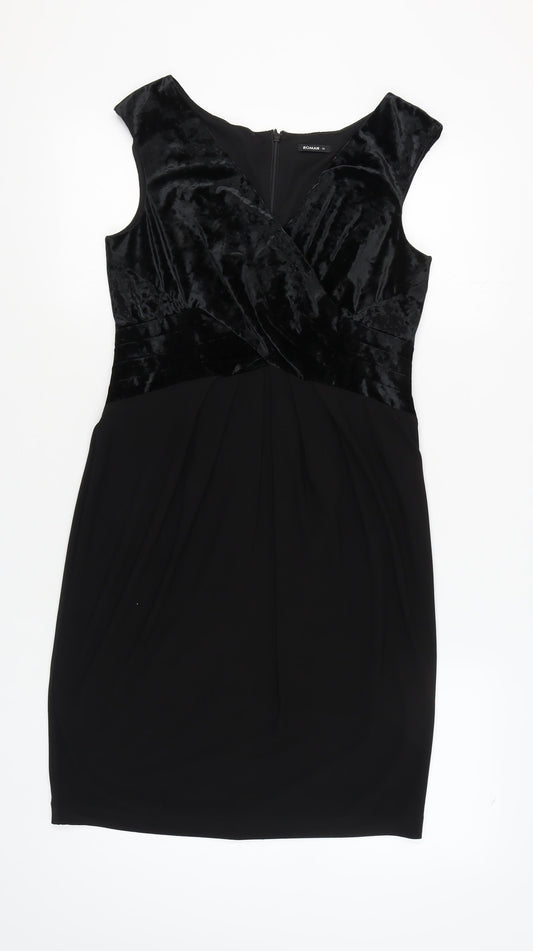 Additional front view of Roman Women’s Black V-Neck Velour Dress, size UK 12