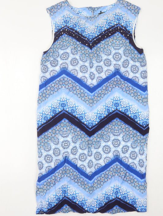 Additional front view of Wallis Women's Blue Geometric Shift Dress, size 10