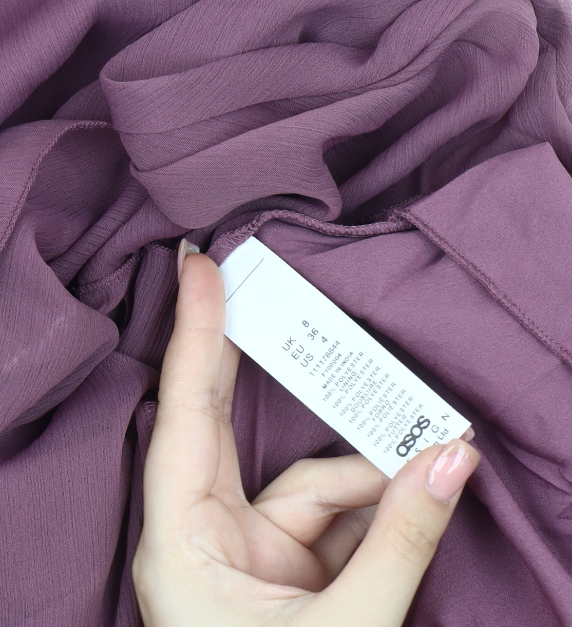 Brand and care label for ASOS DESIGN Women’s Purple A-Line Dress, size UK 8, Off Shoulder
