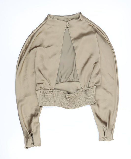 Zara Women's Beige High Neck Balloon Sleeve Blouse