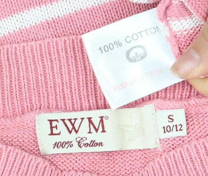 EWM Women's Pink Striped Jersey Top, S, Crew Neck, Short Sleeve