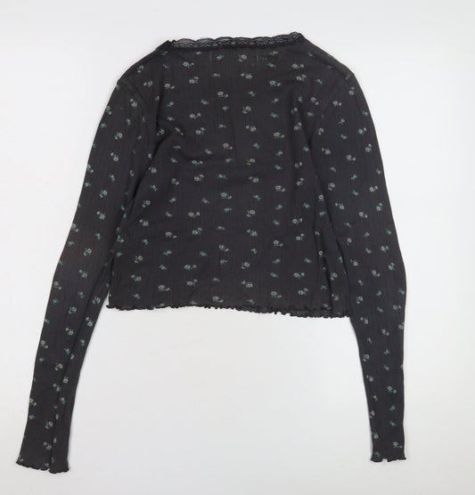 BDG Women's Black Floral Crew Neck Top, Size L, Lace Accent