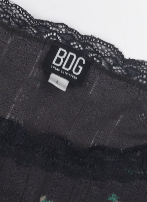 BDG Women's Black Floral Crew Neck Top, Size L, Lace Accent