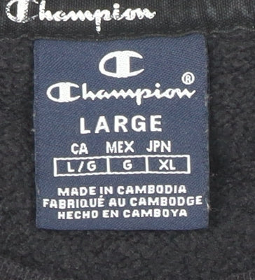 Brand and care label for Champion Black unisex logo sweatshirt l - casual & comfy