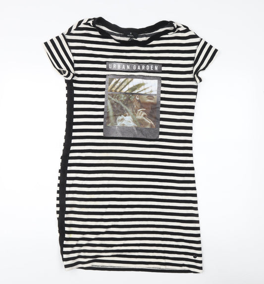 Additional front view of Monari Women's Black Striped T-Shirt Dress, size 8