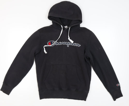 Additional front view of Champion unisex black hoodie, m, regular fit, logo