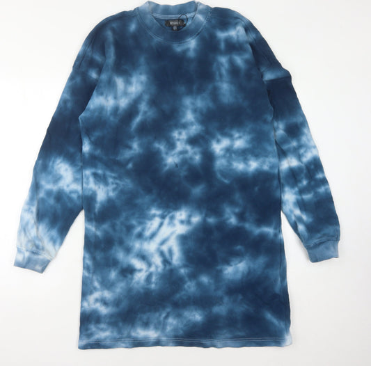 Additional front view of Missguided Women's Blue Tie-Dye Cotton T-Shirt Dress, size 8