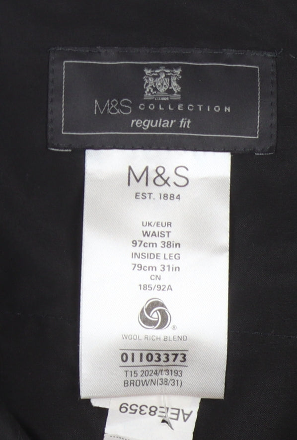 Marks and Spencer Men's Brown Dress Pants, Regular Fit, 38 in Waist