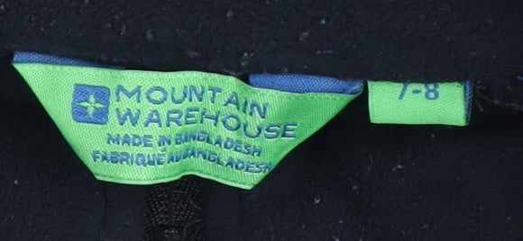 Brand and care label for Mountain Warehouse boys’ black blue sweatshirt 7-8 years, lightweight