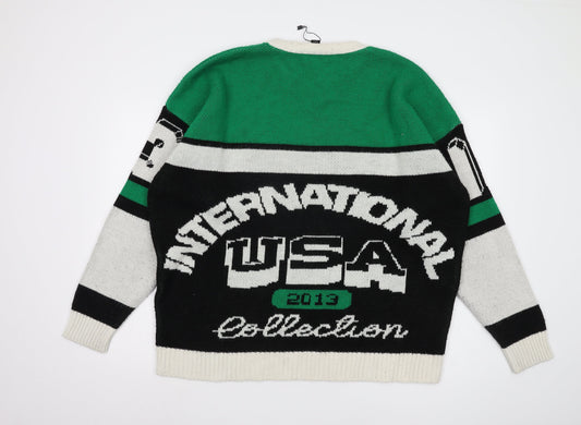 boohooMAN Men's Green Graphic Print Pullover Jumper M