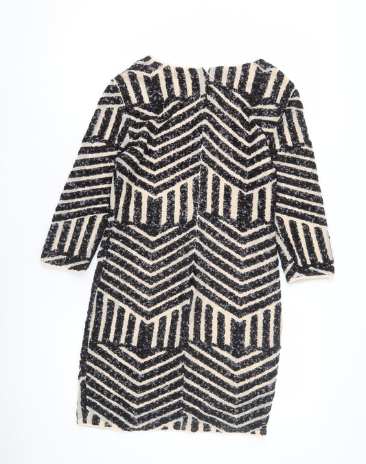TFNC London Women’s Black Beige Chevron Sequin Sheath Dress S