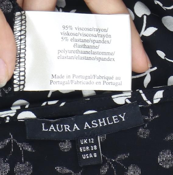 Laura Ashley Women's Black Floral V-Neck Blouse Size 12