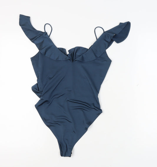 Topshop Women's Blue Bodysuit, Size 10, Ruffle Accent