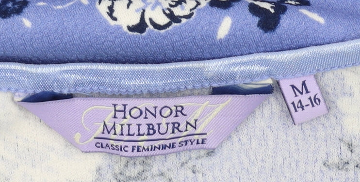 Brand and care label for Honor Millburn Women's Blue Floral T-Shirt, size M