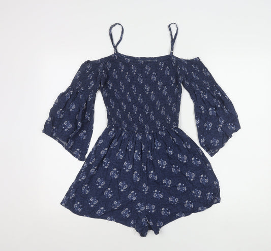 Hollister Women's Blue Floral Playsuit, Size S, Off the Shoulder