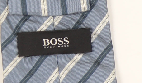 Mens HUGO BOSS Blue Striped 100% Silk Designer Tie