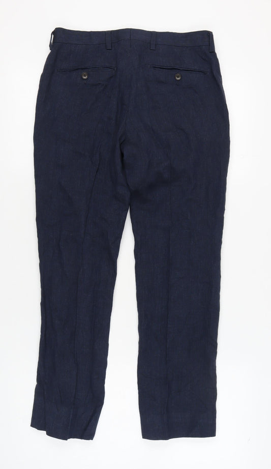 Next Men's Blue Linen Trousers, Size 30, Straight Fit