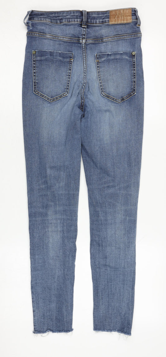 Zara Women's Blue Skinny Jeans - Size 10, Distressed