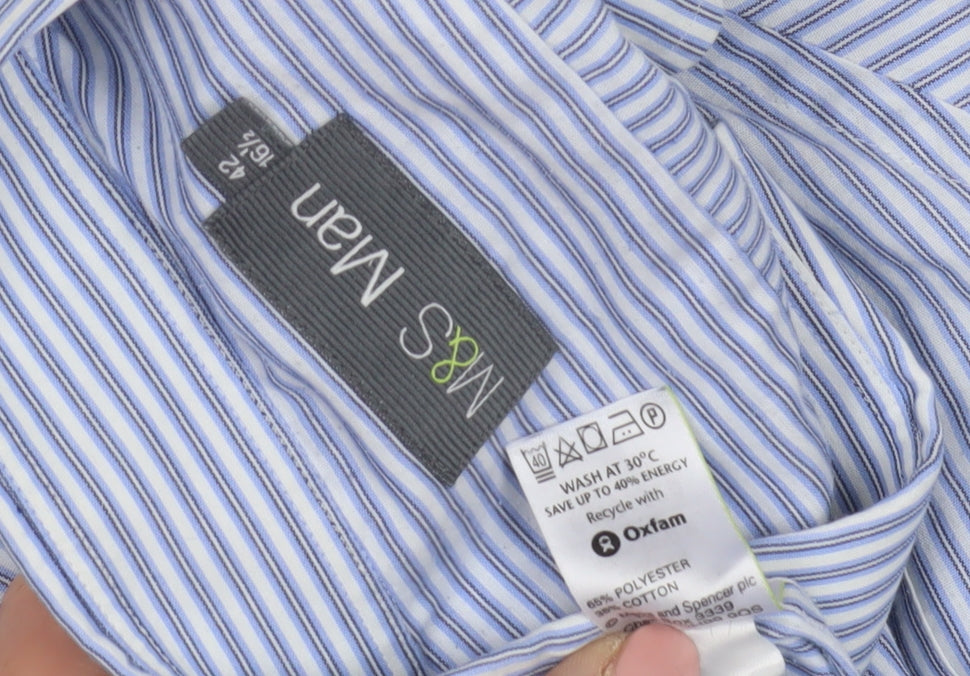 Marks and Spencer Men's Blue Striped Shirt, Size 16.5