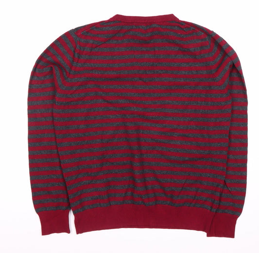 Austin Reed Unisex Red Grey Striped Crew Neck Top L