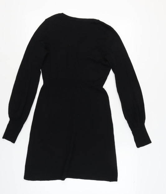 Oasis Black V-Neck Long Sleeve Dress, Size 10 Women