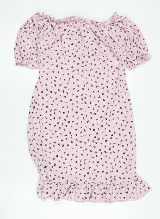 Boohoo Women's Pink Floral Off-Shoulder Dress Size 12