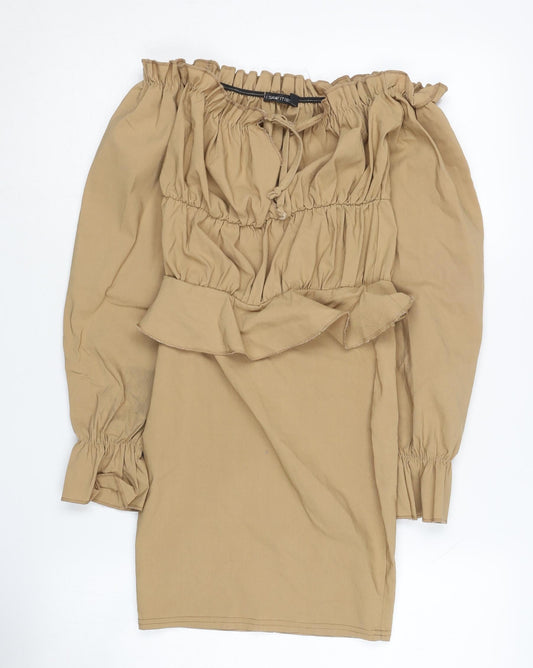 Additional front view of I Saw It First Women's Beige Off Shoulder Ruffle Dress, size 6