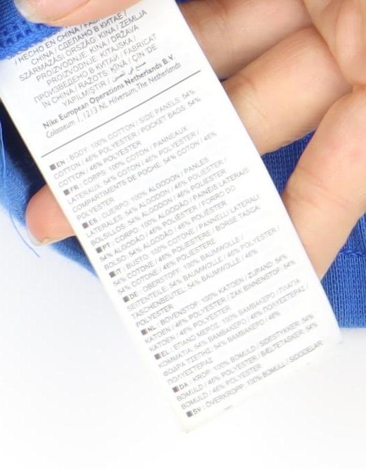 Brand and care label for Nike Blue Track Pants, Medium, unisex, sportswear