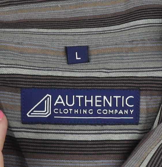 Authentic Men's Brown Striped Long Sleeve Shirt L