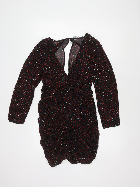 Zara Women's Black with Red and White Hearts Long Sleeve Dress XS