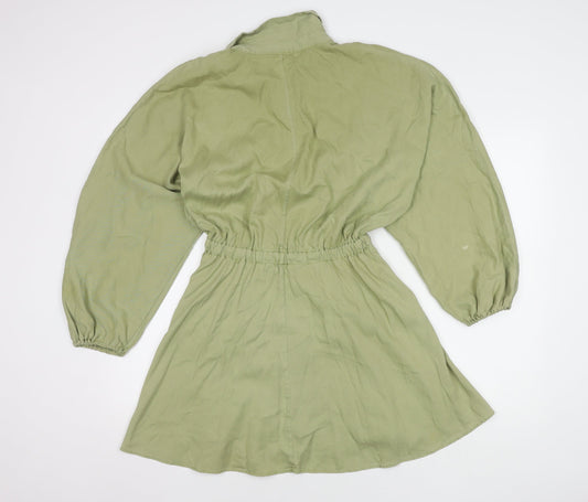 ZARA Green Shirt Dress, S, Women's Long Sleeve Collared