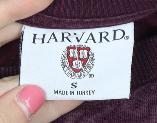 Brand and care label for Harvard University Sweatshirt unisex purple s logo