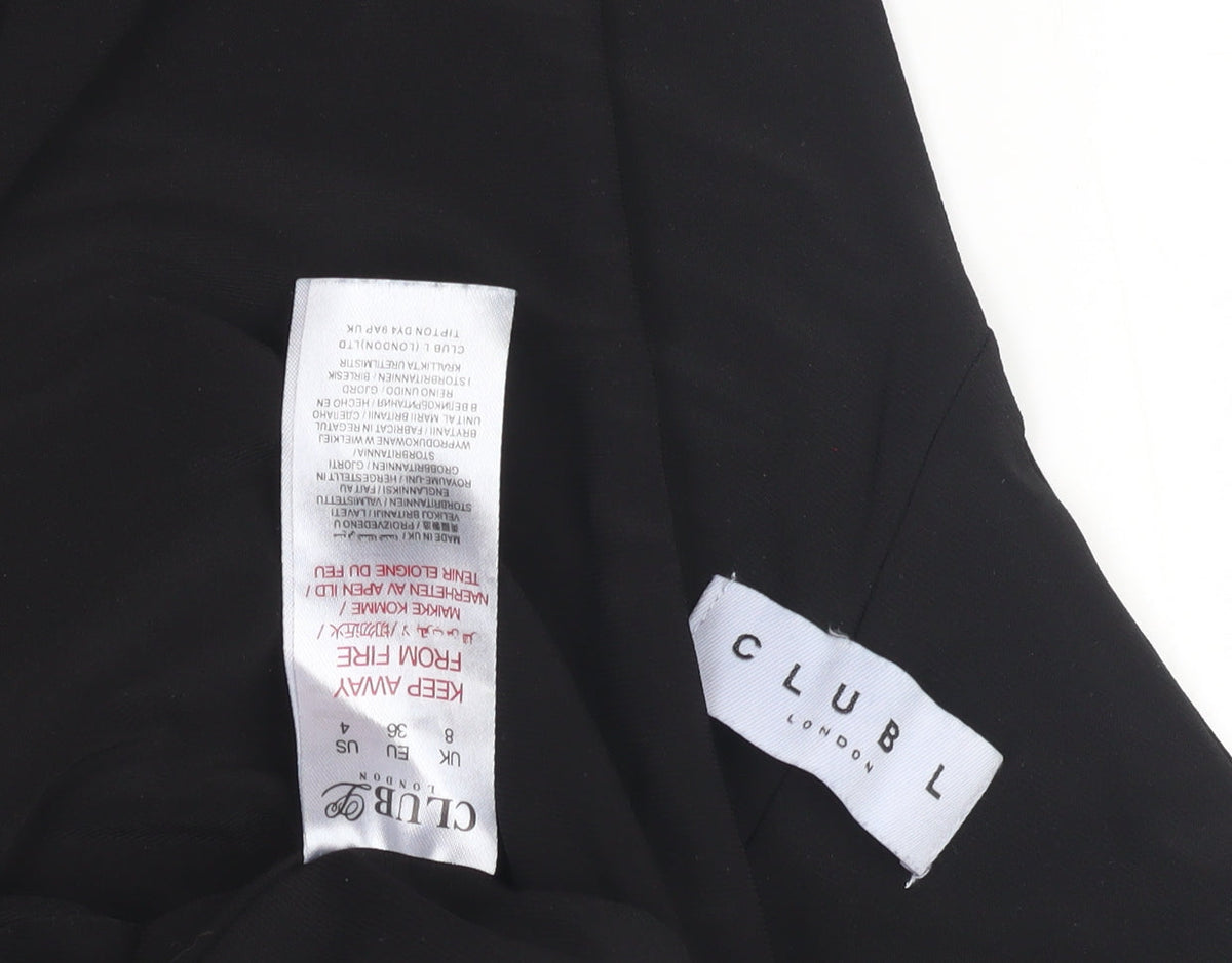 Close-up detail of Club L London Black One Shoulder Dress, size 8